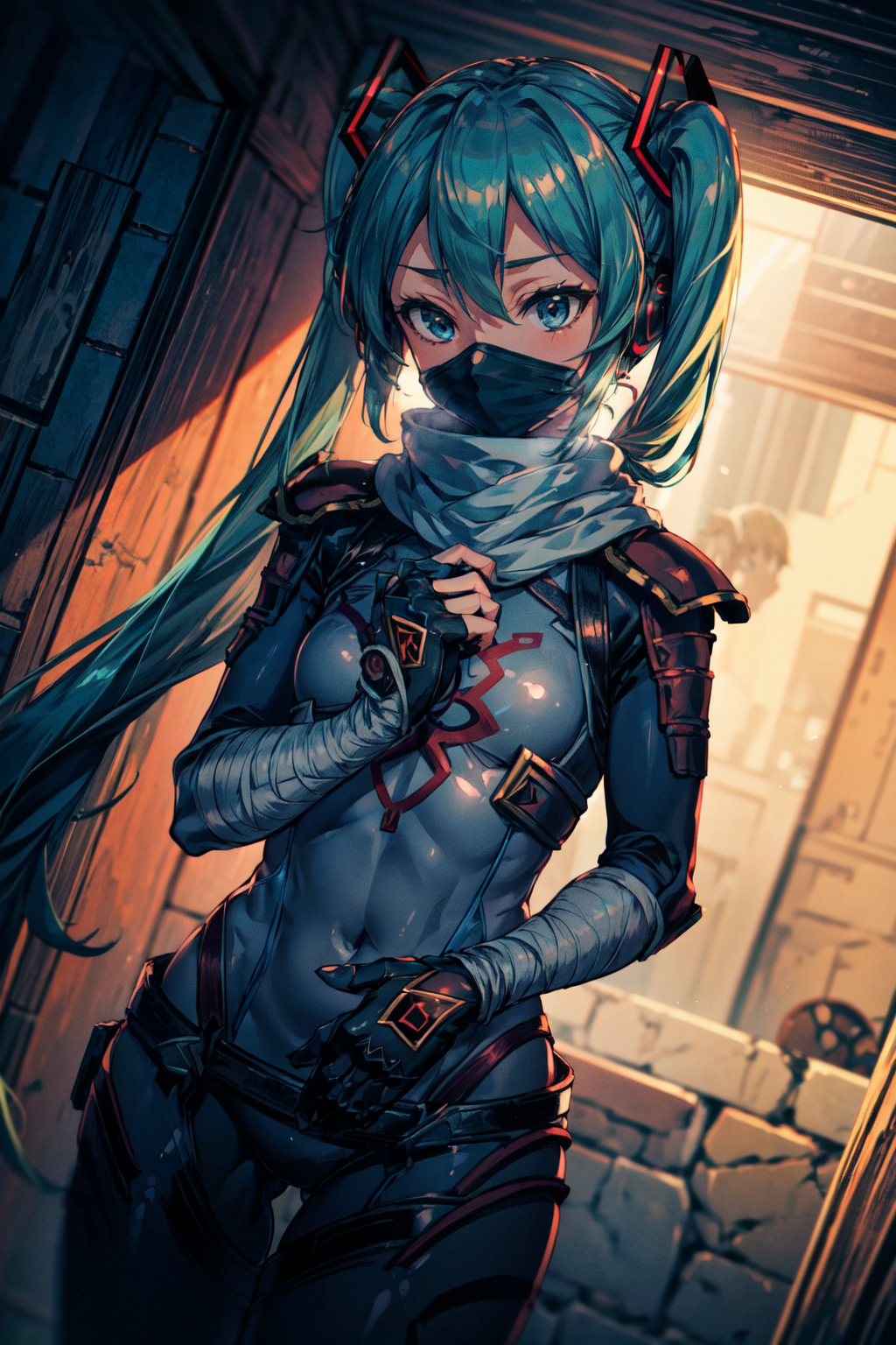 01217-1030939715-masterpiece,best quality,shadow,1girl,hatsune miku,sheikah armor,bodysuit,mask,bandages,covered mouth,gloves,cowboy shot,dutch a.png